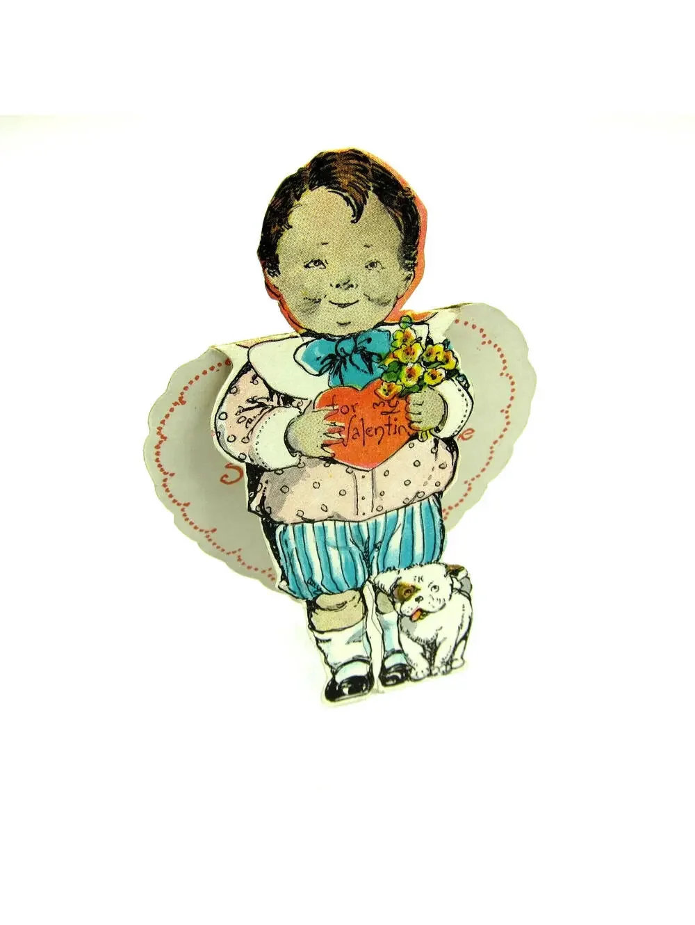 Vintage Valentine Boy Dog Yellow Flowers Stand Up Diecut 1920s-30s UNSIGNED